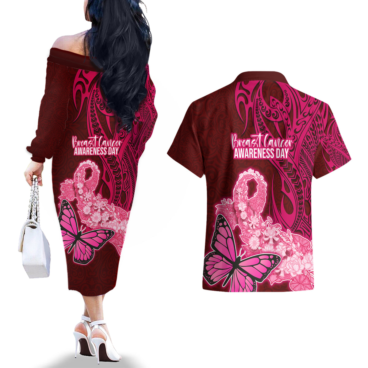 Polynesia Breast Cancer Couples Matching Off The Shoulder Long Sleeve Dress and Hawaiian Shirt Butterfly and Flowers Ribbon Maori Tattoo Ethnic Red Style LT03 - Polynesian Pride