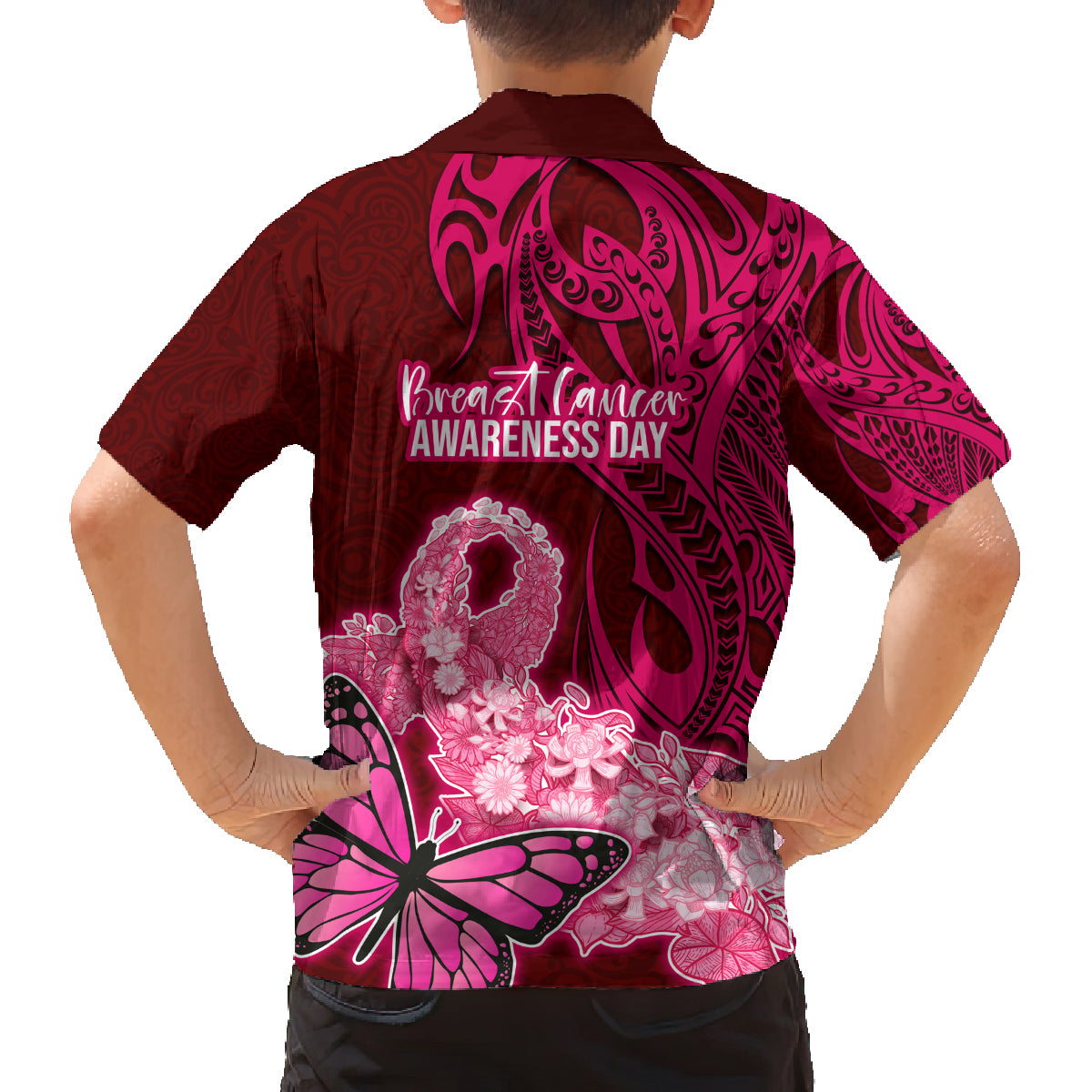 Polynesia Breast Cancer Family Matching Long Sleeve Bodycon Dress and Hawaiian Shirt Butterfly and Flowers Ribbon Maori Tattoo Ethnic Red Style LT03 - Polynesian Pride