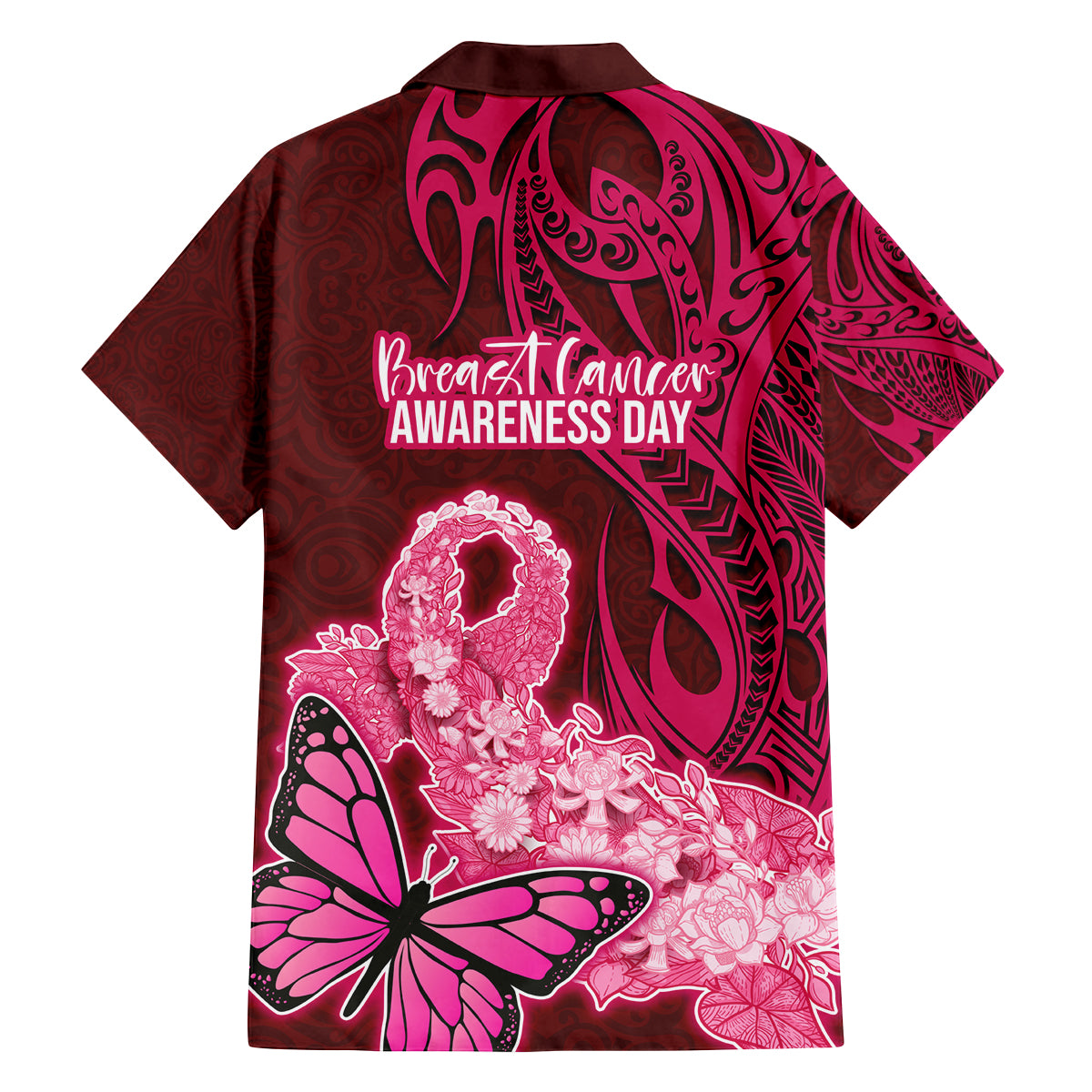 Polynesia Breast Cancer Family Matching Puletasi Dress and Hawaiian Shirt Butterfly and Flowers Ribbon Maori Tattoo Ethnic Red Style LT03 - Polynesian Pride
