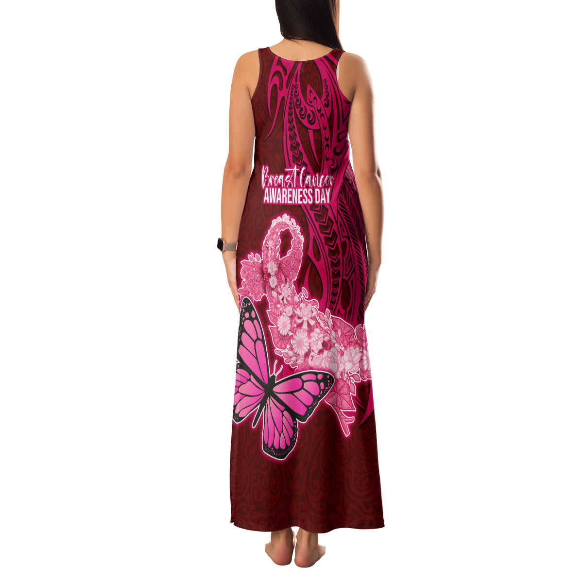 Polynesia Breast Cancer Family Matching Tank Maxi Dress and Hawaiian Shirt Butterfly and Flowers Ribbon Maori Tattoo Ethnic Red Style LT03 - Polynesian Pride