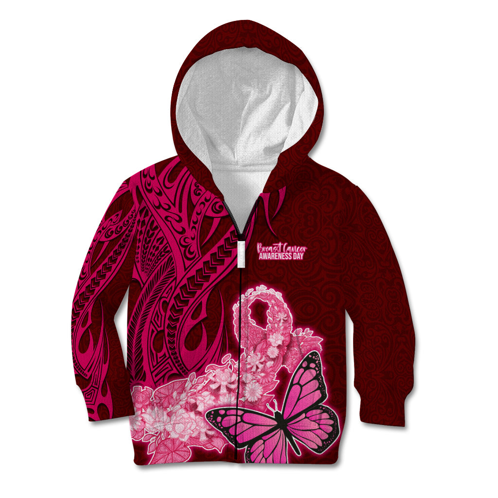 Polynesia Breast Cancer Kid Hoodie Butterfly and Flowers Ribbon Maori Tattoo Ethnic Red Style LT03 Zip Hoodie Red - Polynesian Pride