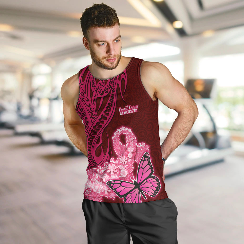 Polynesia Breast Cancer Men Tank Top Butterfly and Flowers Ribbon Maori Tattoo Ethnic Red Style LT03 - Polynesian Pride