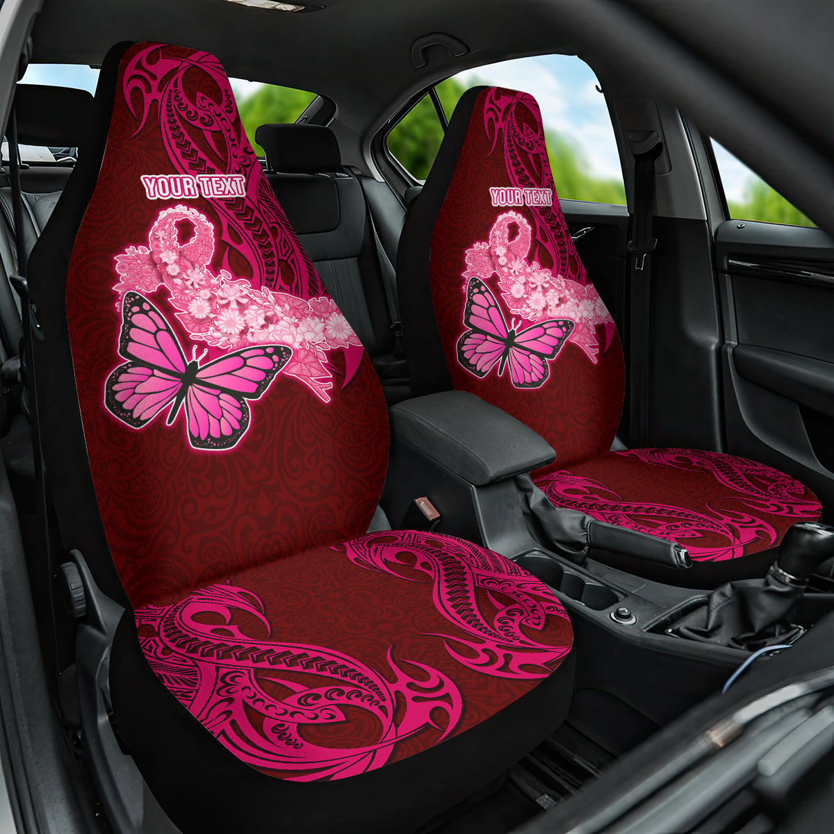 Custom Polynesia Breast Cancer Car Seat Cover Butterfly and Flowers Ribbon Maori Tattoo Ethnic Red Style LT03 One Size Red - Polynesian Pride
