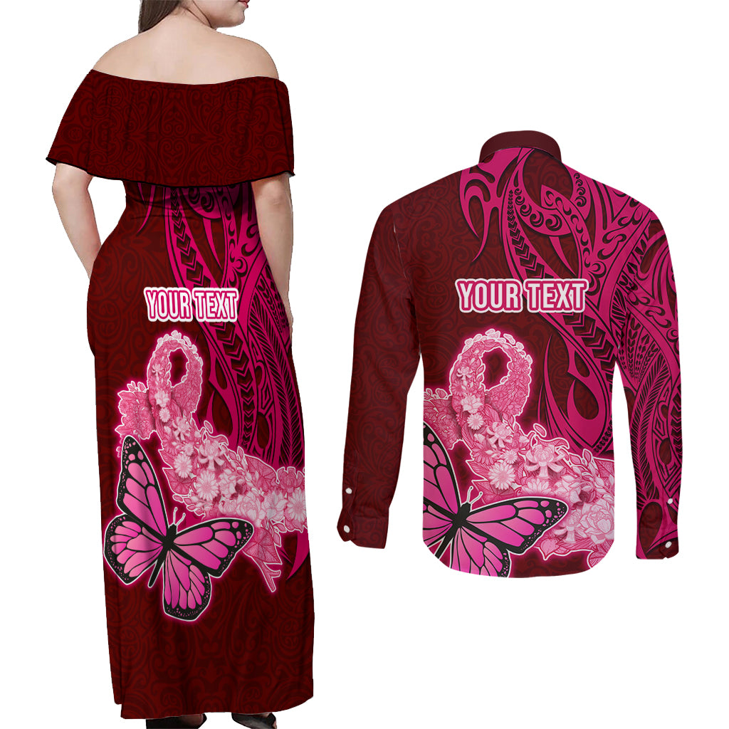 Custom Polynesia Breast Cancer Couples Matching Off Shoulder Maxi Dress and Long Sleeve Button Shirts Butterfly and Flowers Ribbon Maori Tattoo Ethnic Red Style LT03 - Polynesian Pride