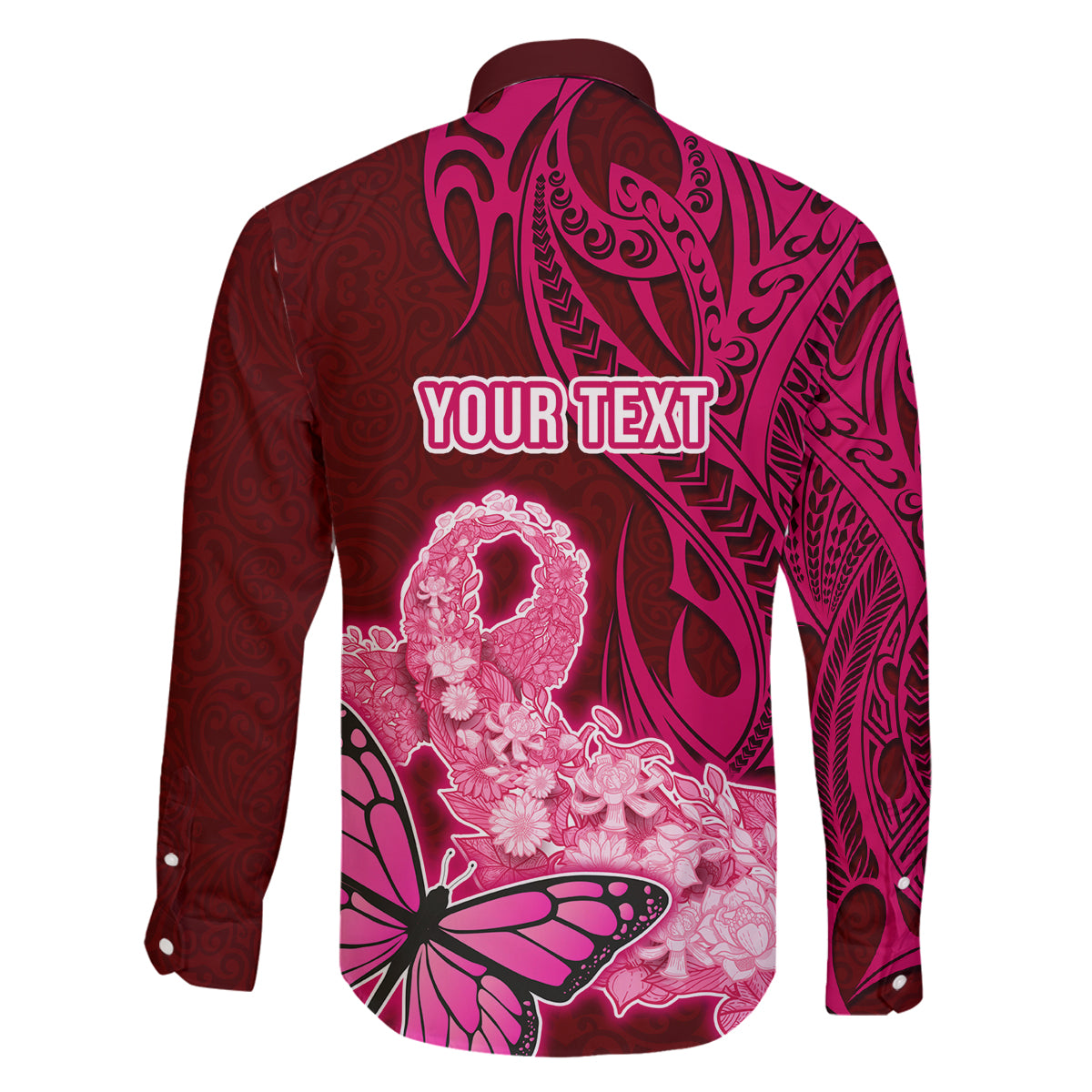 Custom Polynesia Breast Cancer Family Matching Long Sleeve Bodycon Dress and Hawaiian Shirt Butterfly and Flowers Ribbon Maori Tattoo Ethnic Red Style LT03 - Polynesian Pride