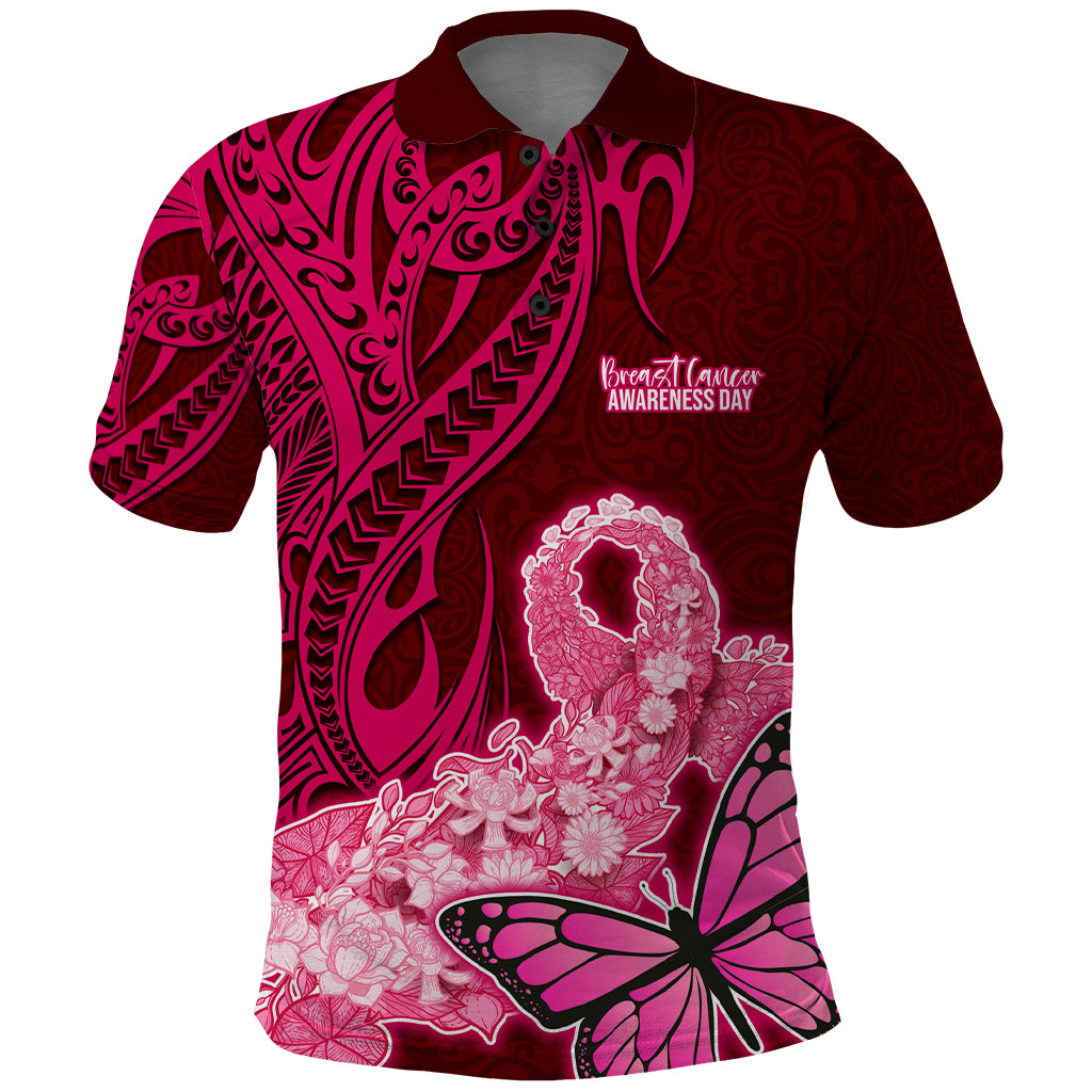 Custom Polynesia Breast Cancer Polo Shirt Butterfly and Flowers Ribbon Maori Tattoo Ethnic Red Style LT03 Red - Polynesian Pride