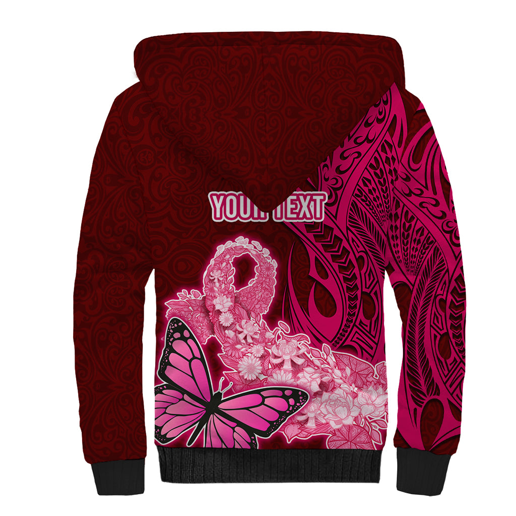 Custom Polynesia Breast Cancer Sherpa Hoodie Butterfly and Flowers Ribbon Maori Tattoo Ethnic Red Style LT03 - Polynesian Pride