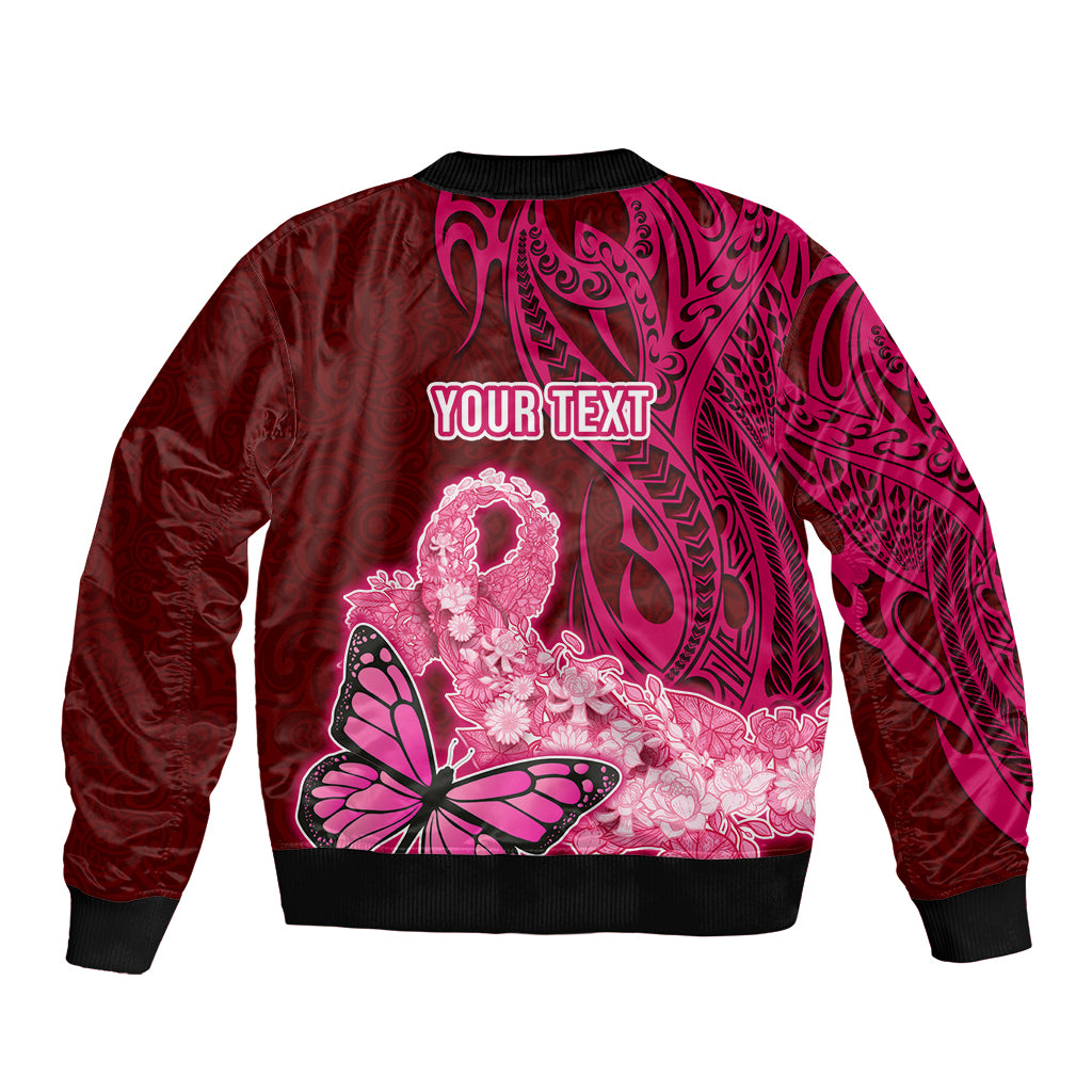 Custom Polynesia Breast Cancer Sleeve Zip Bomber Jacket Butterfly and Flowers Ribbon Maori Tattoo Ethnic Red Style LT03 - Polynesian Pride