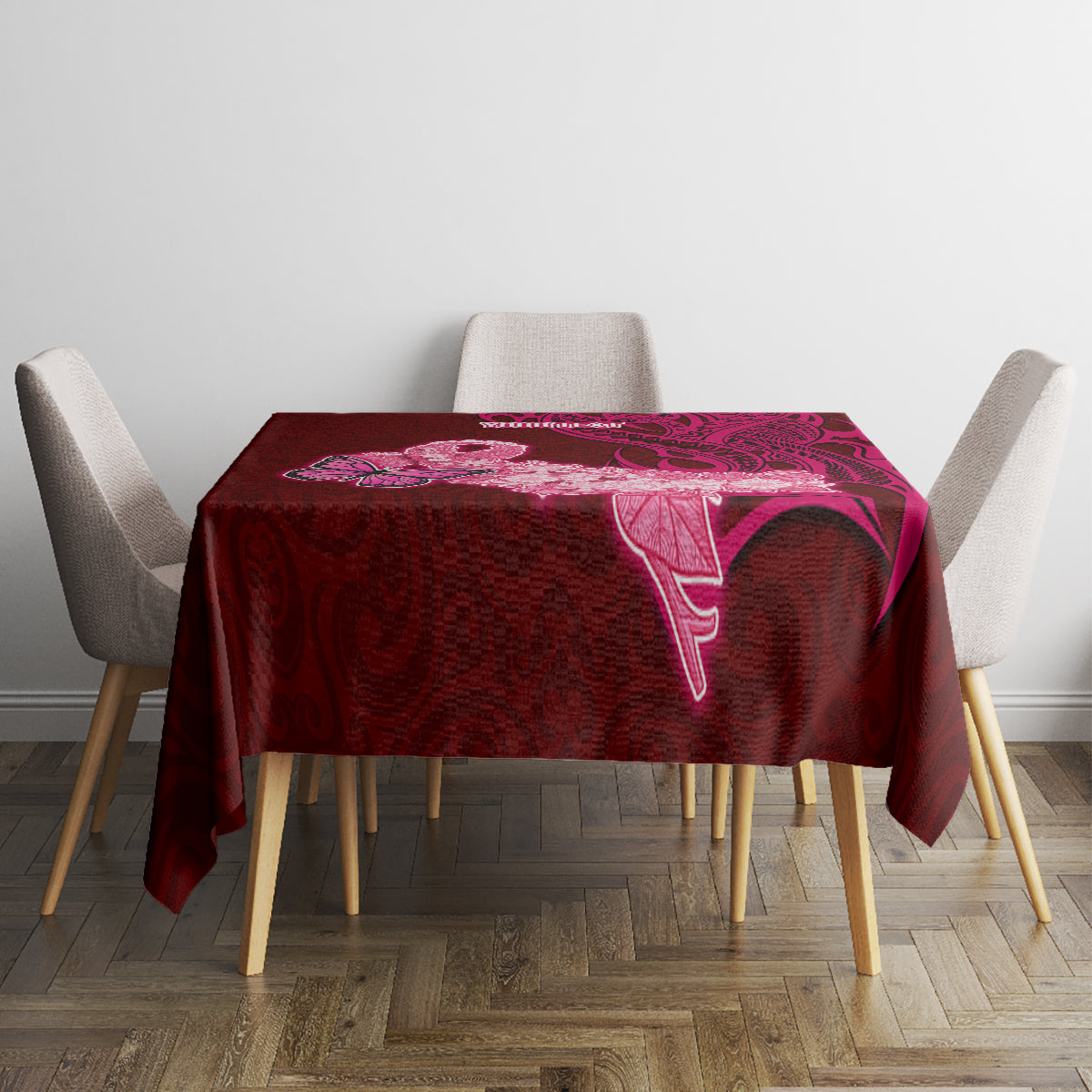Custom Polynesia Breast Cancer Tablecloth Butterfly and Flowers Ribbon Maori Tattoo Ethnic Red Style LT03 - Polynesian Pride