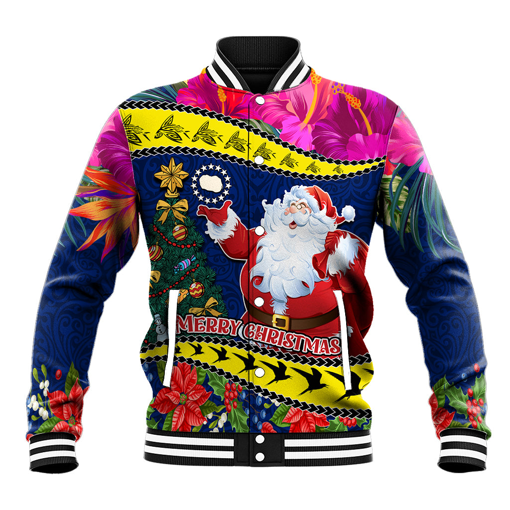 Cook Island Christmas Baseball Jacket Santa Claus Mix Maroro and Kakaia Hibiscus Flower Maori Pattern LT03 Unisex Blue - Polynesian Pride