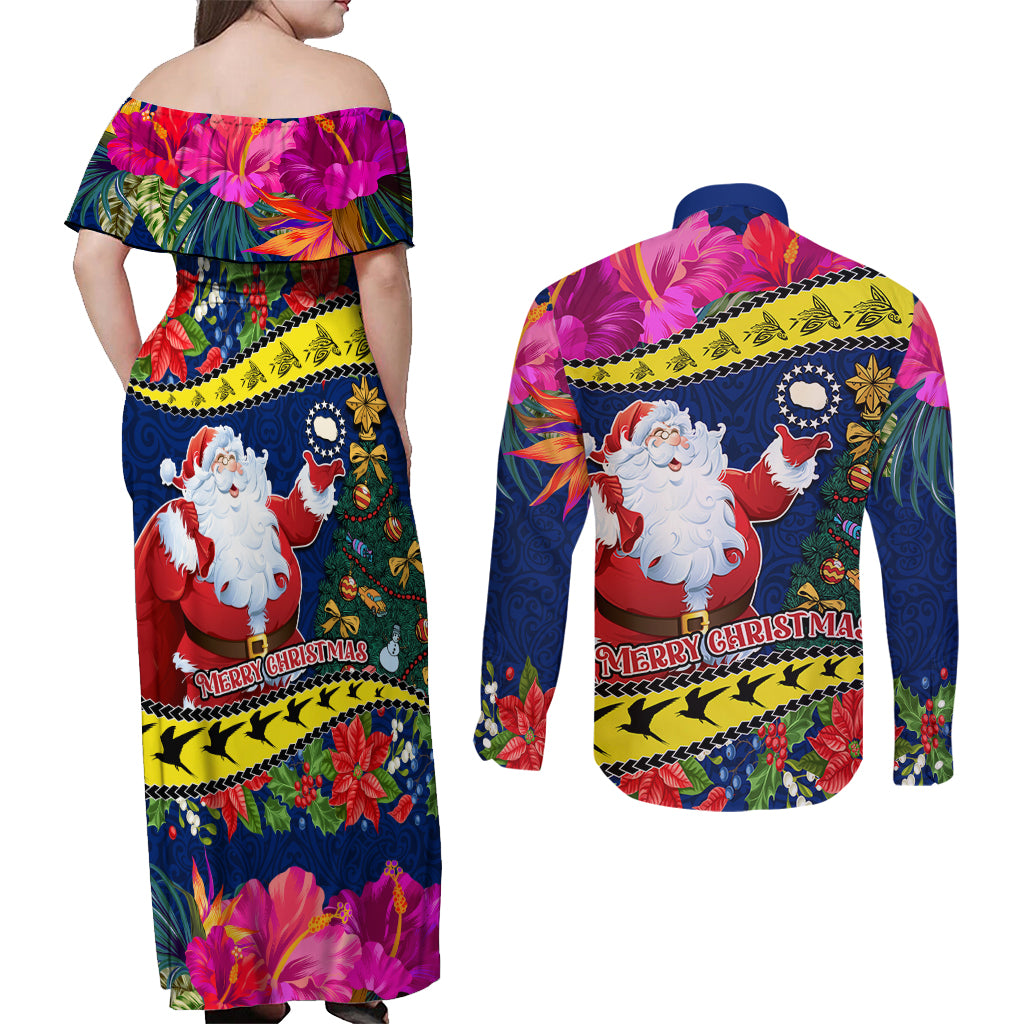 Cook Island Christmas Couples Matching Off Shoulder Maxi Dress and Long Sleeve Button Shirt Santa Claus Mix Maroro and Kakaia Hibiscus Flower Maori Pattern LT03 - Polynesian Pride