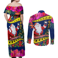 Cook Island Christmas Couples Matching Off Shoulder Maxi Dress and Long Sleeve Button Shirt Santa Claus Mix Maroro and Kakaia Hibiscus Flower Maori Pattern LT03 - Polynesian Pride