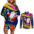 Cook Island Christmas Couples Matching Off Shoulder Short Dress and Long Sleeve Button Shirt Santa Claus Mix Maroro and Kakaia Hibiscus Flower Maori Pattern LT03 Blue - Polynesian Pride