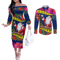 Cook Island Christmas Couples Matching Off The Shoulder Long Sleeve Dress and Long Sleeve Button Shirt Santa Claus Mix Maroro and Kakaia Hibiscus Flower Maori Pattern LT03 Blue - Polynesian Pride
