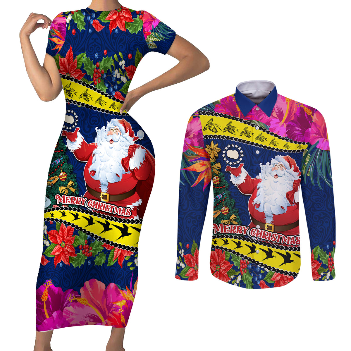 Cook Island Christmas Couples Matching Short Sleeve Bodycon Dress and Long Sleeve Button Shirt Santa Claus Mix Maroro and Kakaia Hibiscus Flower Maori Pattern LT03 Blue - Polynesian Pride