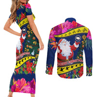 Cook Island Christmas Couples Matching Short Sleeve Bodycon Dress and Long Sleeve Button Shirt Santa Claus Mix Maroro and Kakaia Hibiscus Flower Maori Pattern LT03 - Polynesian Pride