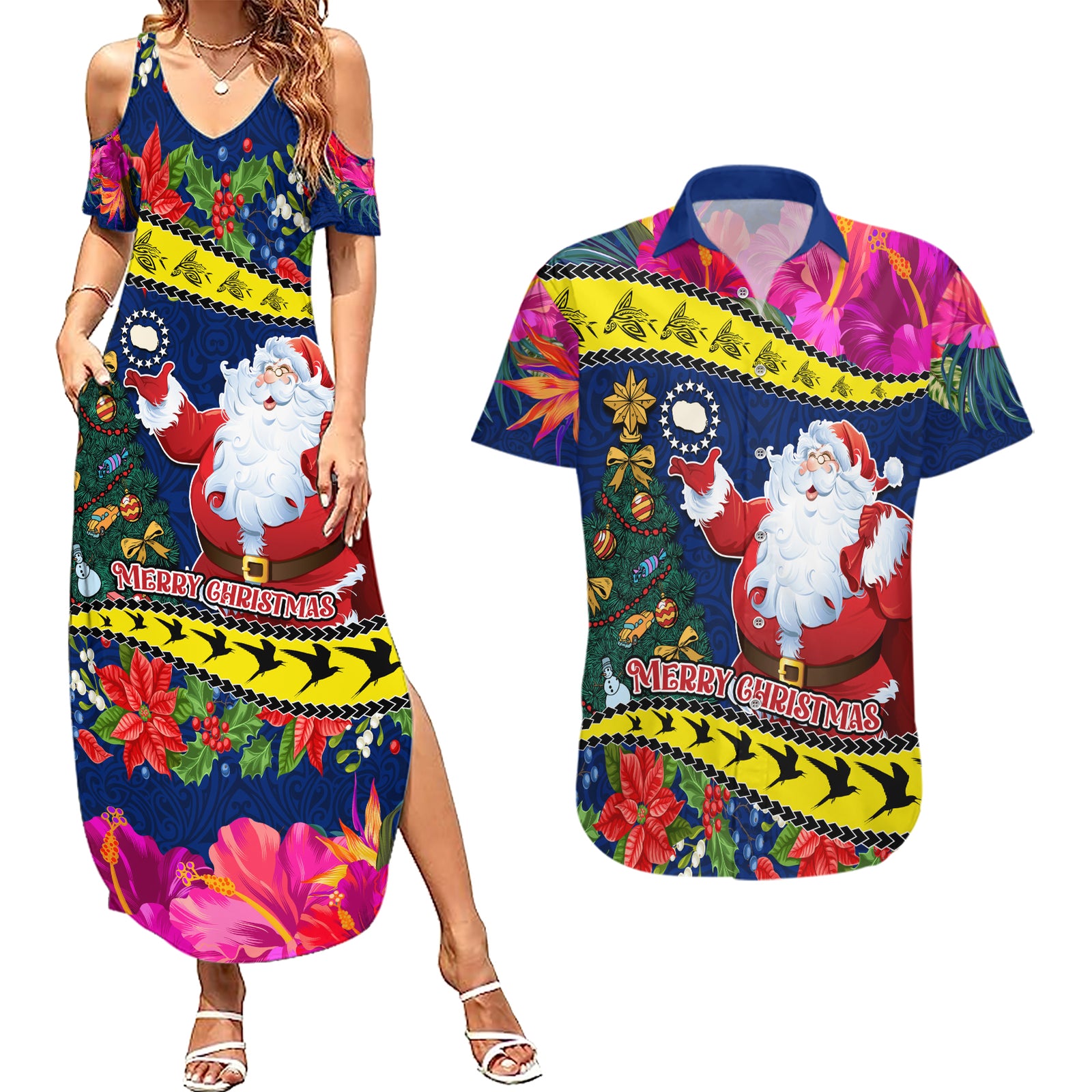 Cook Island Christmas Couples Matching Summer Maxi Dress and Hawaiian Shirt Santa Claus Mix Maroro and Kakaia Hibiscus Flower Maori Pattern LT03 Blue - Polynesian Pride