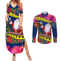Cook Island Christmas Couples Matching Summer Maxi Dress and Long Sleeve Button Shirt Santa Claus Mix Maroro and Kakaia Hibiscus Flower Maori Pattern LT03 Blue - Polynesian Pride