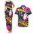 Cook Island Christmas Couples Matching Tank Maxi Dress and Hawaiian Shirt Santa Claus Mix Maroro and Kakaia Hibiscus Flower Maori Pattern LT03 Blue - Polynesian Pride