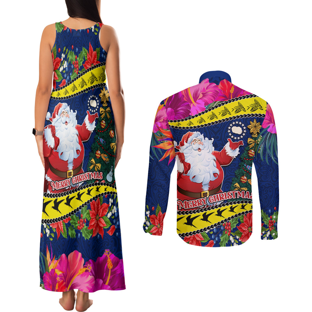 Cook Island Christmas Couples Matching Tank Maxi Dress and Long Sleeve Button Shirt Santa Claus Mix Maroro and Kakaia Hibiscus Flower Maori Pattern LT03 - Polynesian Pride