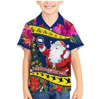 Cook Island Christmas Family Matching Mermaid Dress and Hawaiian Shirt Santa Claus Mix Maroro and Kakaia Hibiscus Flower Maori Pattern LT03 Son's Shirt Blue - Polynesian Pride