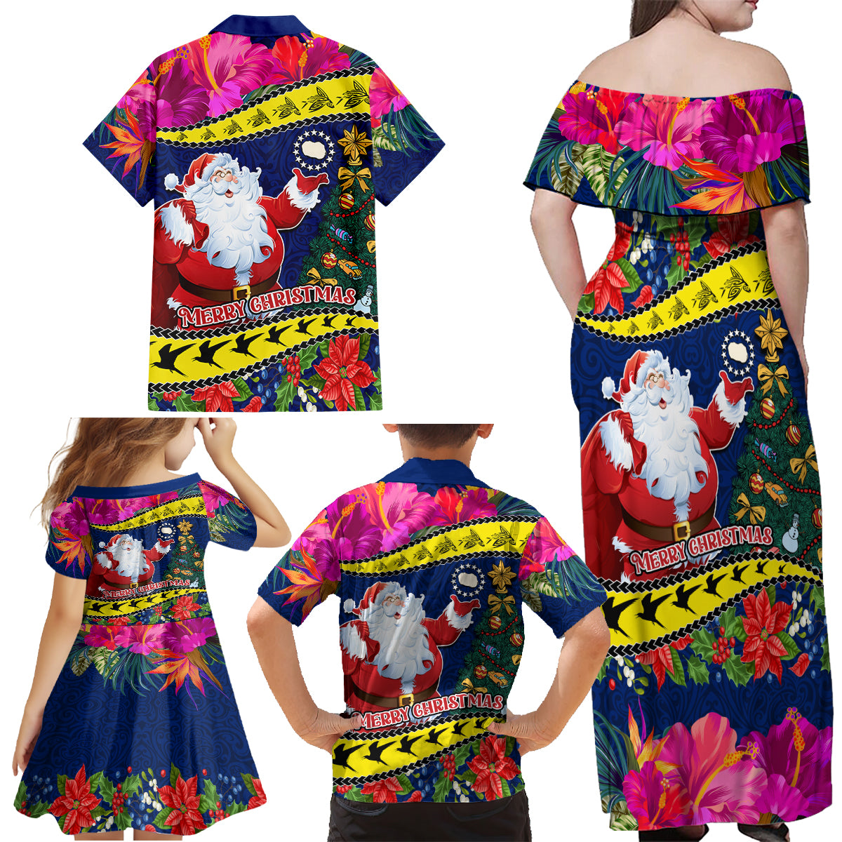 Cook Island Christmas Family Matching Off Shoulder Maxi Dress and Hawaiian Shirt Santa Claus Mix Maroro and Kakaia Hibiscus Flower Maori Pattern LT03 - Polynesian Pride
