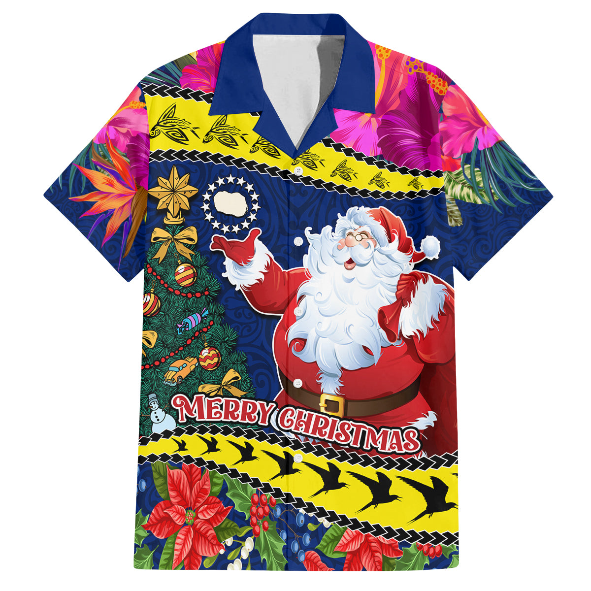 Cook Island Christmas Family Matching Puletasi Dress and Hawaiian Shirt Santa Claus Mix Maroro and Kakaia Hibiscus Flower Maori Pattern LT03 Dad's Shirt - Short Sleeve Blue - Polynesian Pride