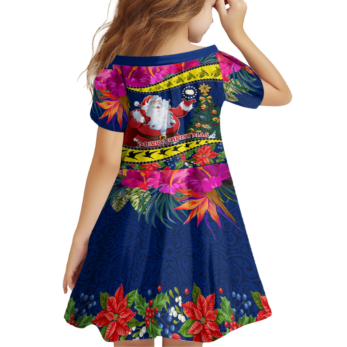 Cook Island Christmas Family Matching Short Sleeve Bodycon Dress and Hawaiian Shirt Santa Claus Mix Maroro and Kakaia Hibiscus Flower Maori Pattern LT03 - Polynesian Pride