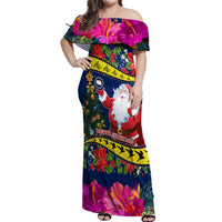 Cook Island Christmas Off Shoulder Maxi Dress Santa Claus Mix Maroro and Kakaia Hibiscus Flower Maori Pattern LT03 Women Blue - Polynesian Pride