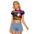 Cook Island Christmas Raglan Cropped T Shirt Santa Claus Mix Maroro and Kakaia Hibiscus Flower Maori Pattern LT03 Female Blue - Polynesian Pride
