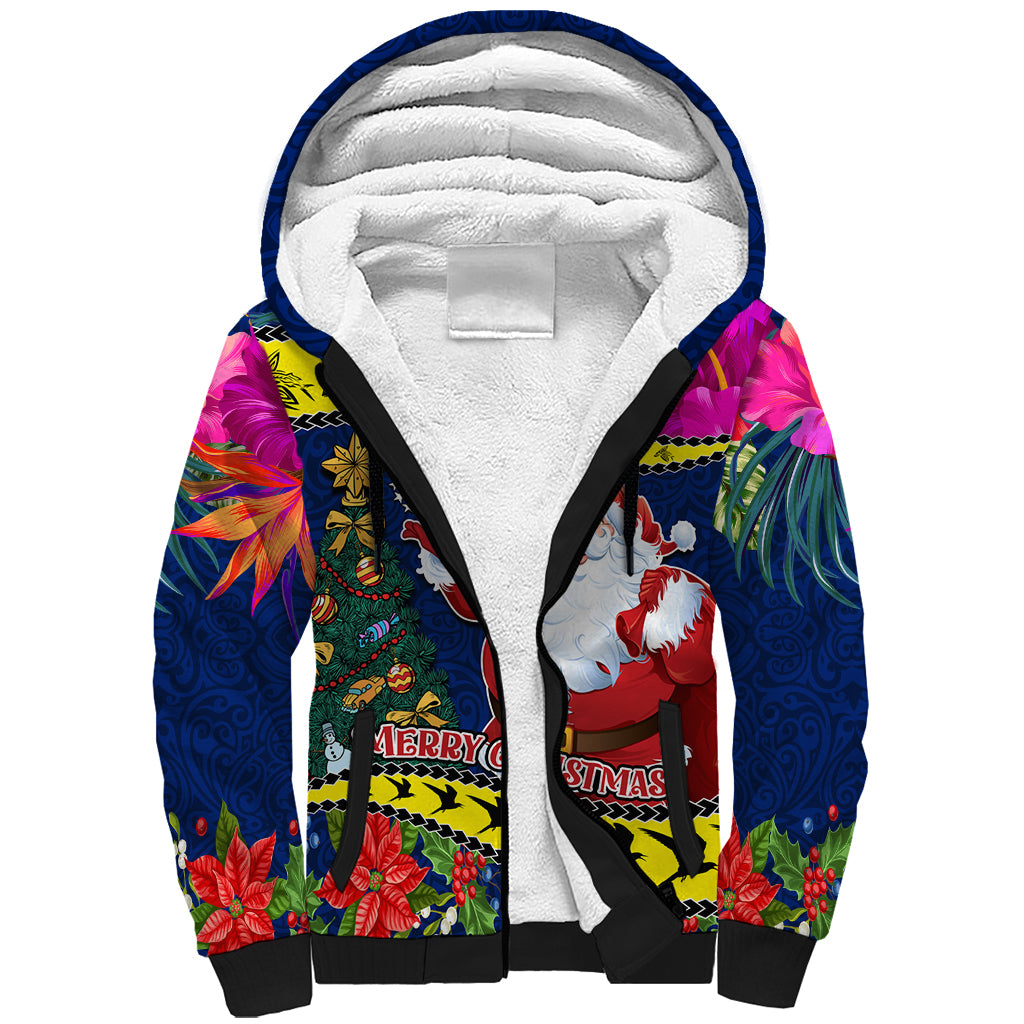 Cook Island Christmas Sherpa Hoodie Santa Claus Mix Maroro and Kakaia Hibiscus Flower Maori Pattern LT03 Unisex Blue - Polynesian Pride