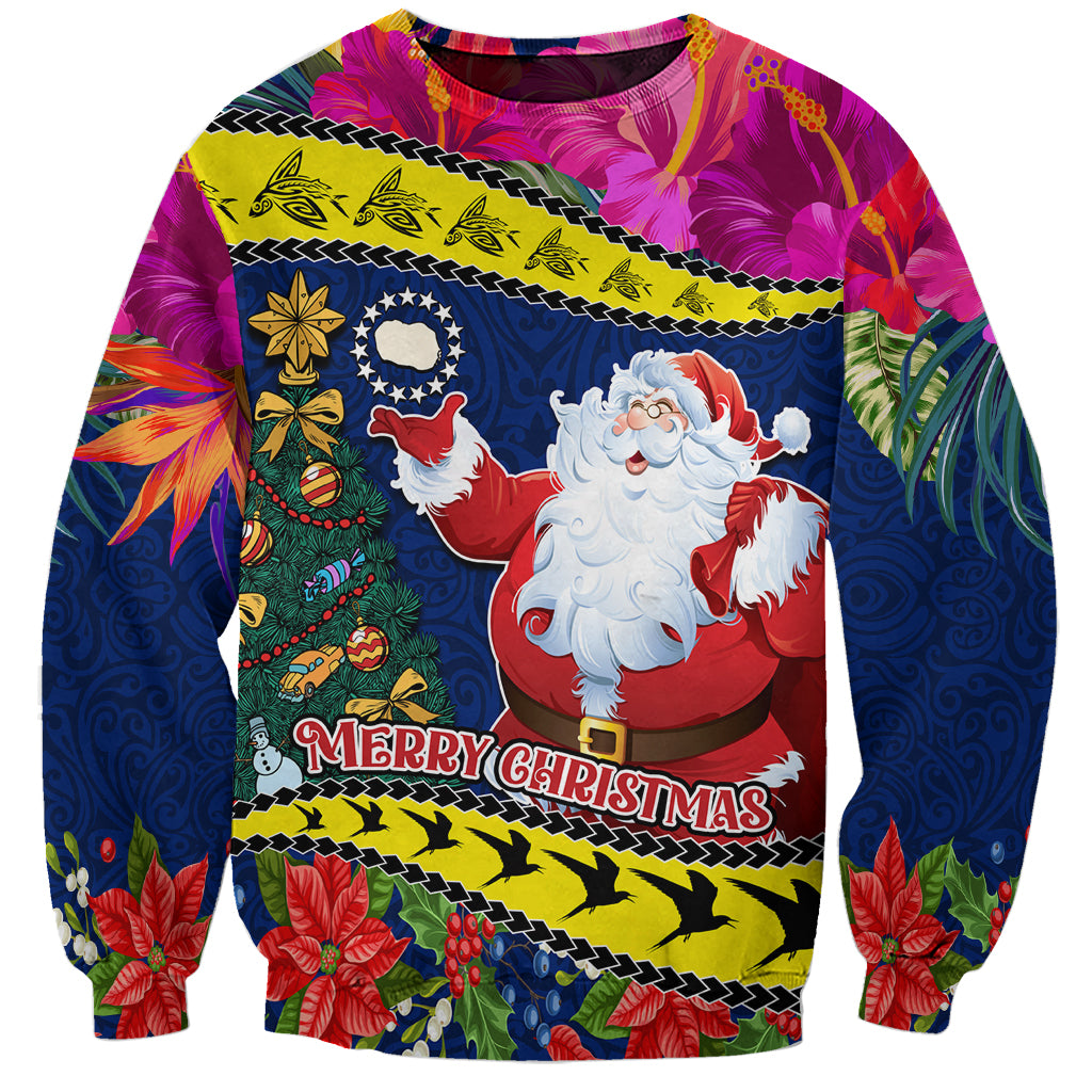 Cook Island Christmas Sweatshirt Santa Claus Mix Maroro and Kakaia Hibiscus Flower Maori Pattern LT03 Unisex Blue - Polynesian Pride