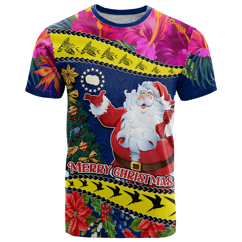 Cook Island Christmas T Shirt Santa Claus Mix Maroro and Kakaia Hibiscus Flower Maori Pattern LT03 Blue - Polynesian Pride