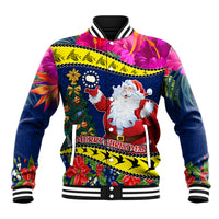 Personalised Cook Island Christmas Baseball Jacket Santa Claus Mix Maroro and Kakaia Hibiscus Flower Maori Pattern LT03 Unisex Blue - Polynesian Pride