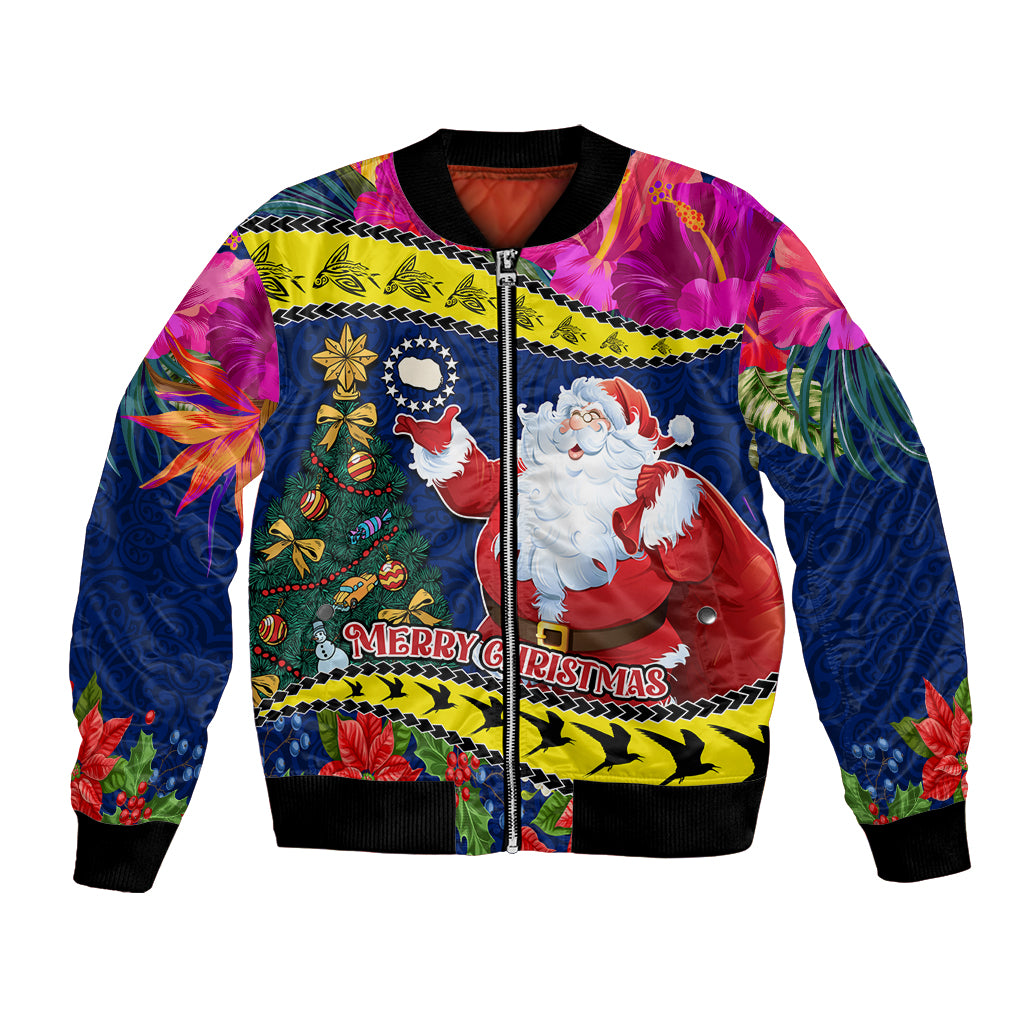 Personalised Cook Island Christmas Bomber Jacket Santa Claus Mix Maroro and Kakaia Hibiscus Flower Maori Pattern LT03 Unisex Blue - Polynesian Pride