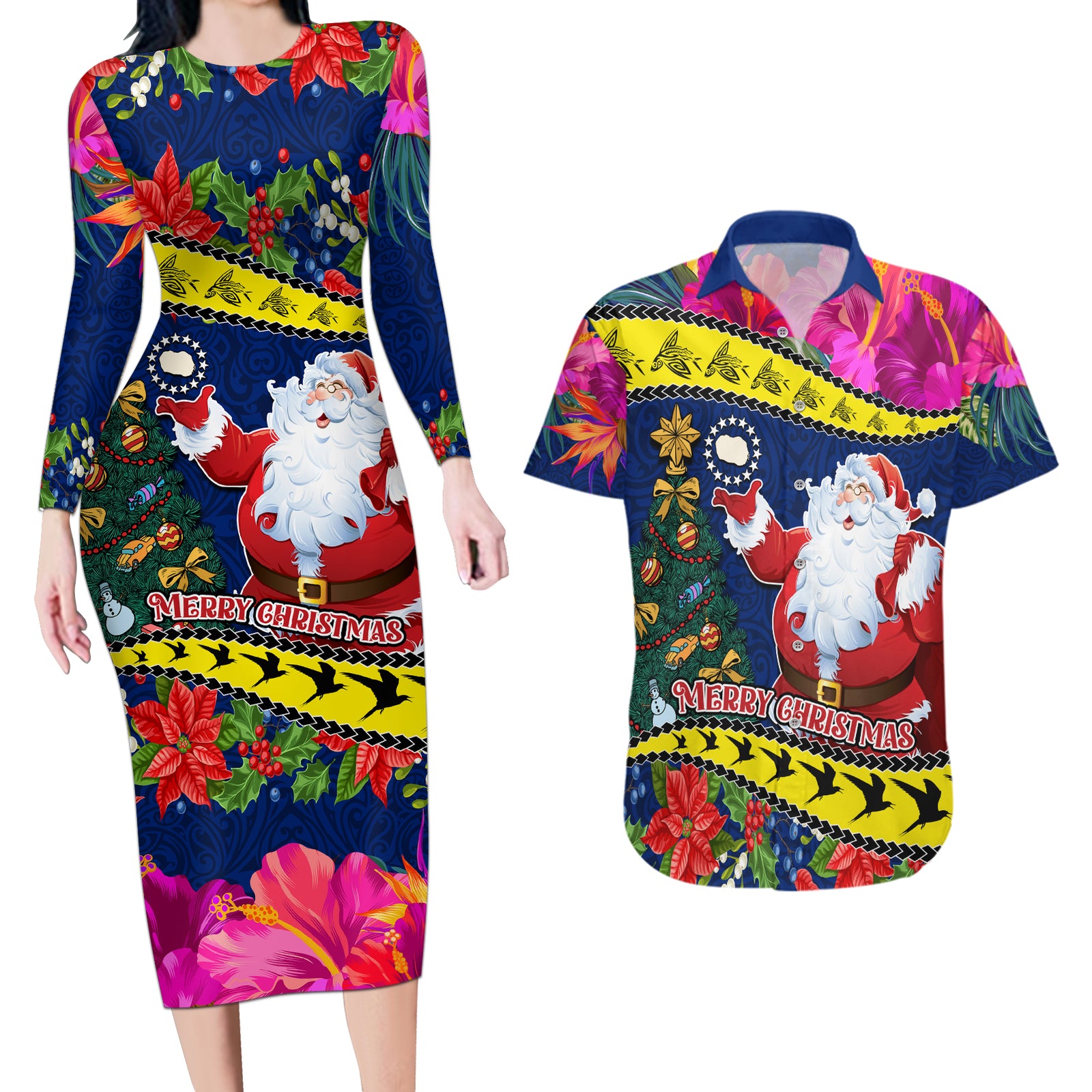 Personalised Cook Island Christmas Couples Matching Long Sleeve Bodycon Dress and Hawaiian Shirt Santa Claus Mix Maroro and Kakaia Hibiscus Flower Maori Pattern LT03 Blue - Polynesian Pride