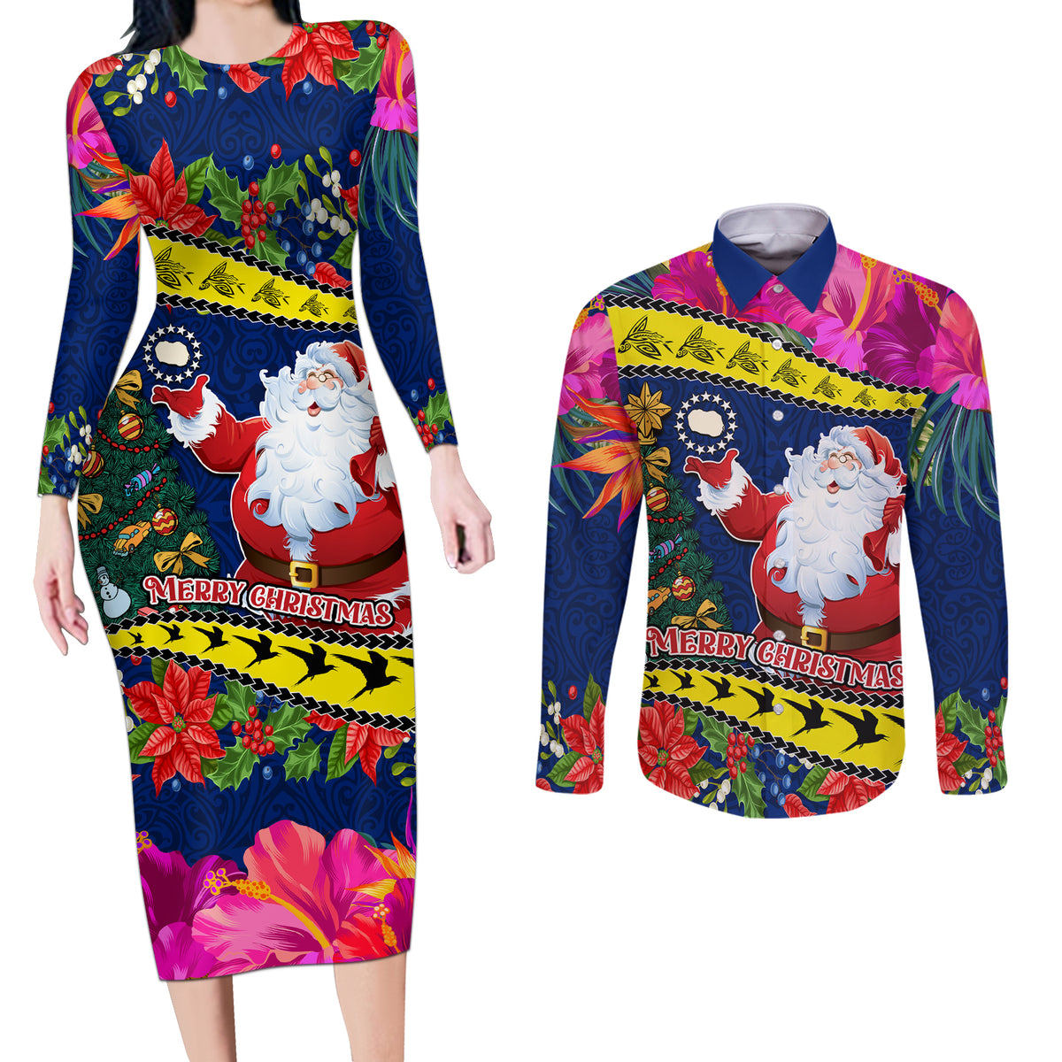 Personalised Cook Island Christmas Couples Matching Long Sleeve Bodycon Dress and Long Sleeve Button Shirt Santa Claus Mix Maroro and Kakaia Hibiscus Flower Maori Pattern LT03 Blue - Polynesian Pride