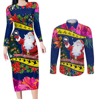 Personalised Cook Island Christmas Couples Matching Long Sleeve Bodycon Dress and Long Sleeve Button Shirt Santa Claus Mix Maroro and Kakaia Hibiscus Flower Maori Pattern LT03 Blue - Polynesian Pride