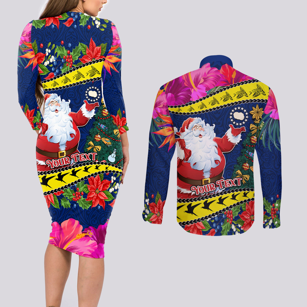 Personalised Cook Island Christmas Couples Matching Long Sleeve Bodycon Dress and Long Sleeve Button Shirt Santa Claus Mix Maroro and Kakaia Hibiscus Flower Maori Pattern LT03 - Polynesian Pride