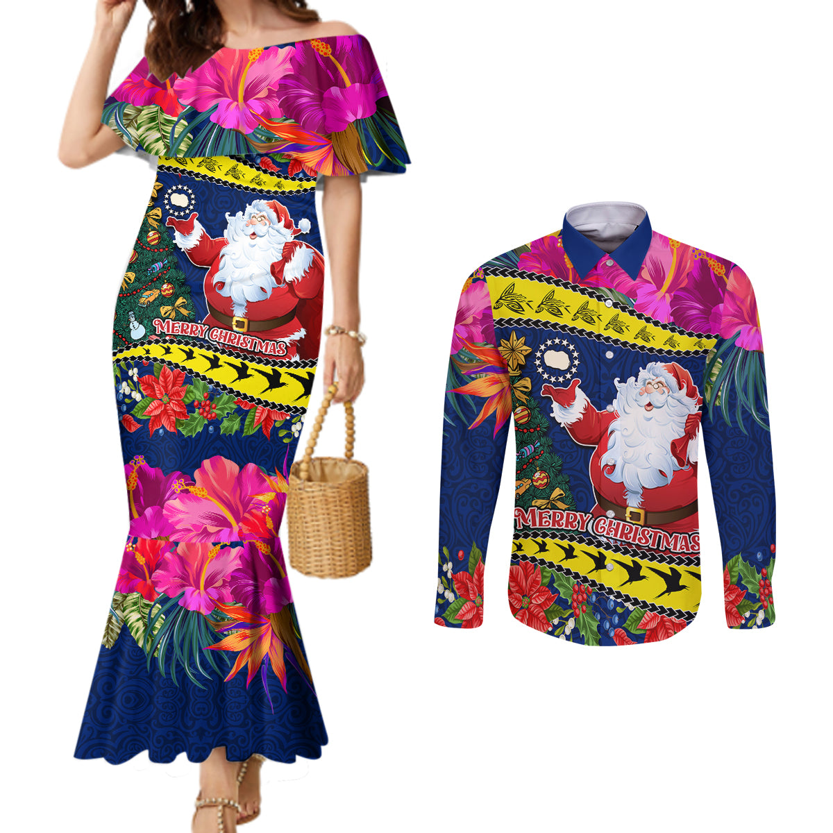 Personalised Cook Island Christmas Couples Matching Mermaid Dress and Long Sleeve Button Shirt Santa Claus Mix Maroro and Kakaia Hibiscus Flower Maori Pattern LT03 Blue - Polynesian Pride