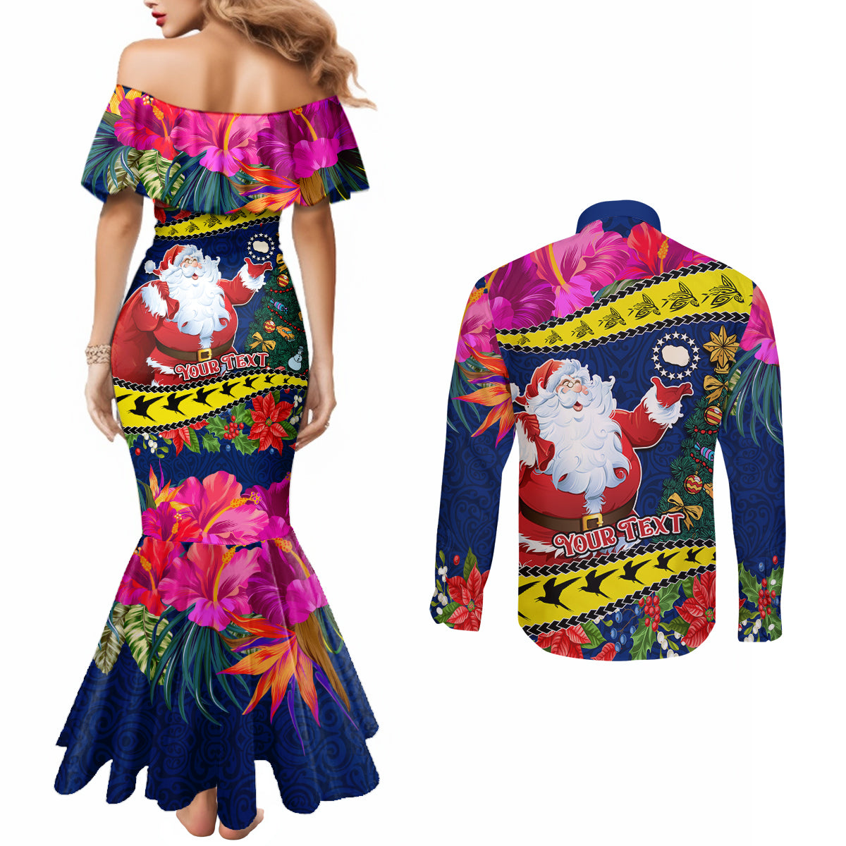 Personalised Cook Island Christmas Couples Matching Mermaid Dress and Long Sleeve Button Shirt Santa Claus Mix Maroro and Kakaia Hibiscus Flower Maori Pattern LT03 - Polynesian Pride
