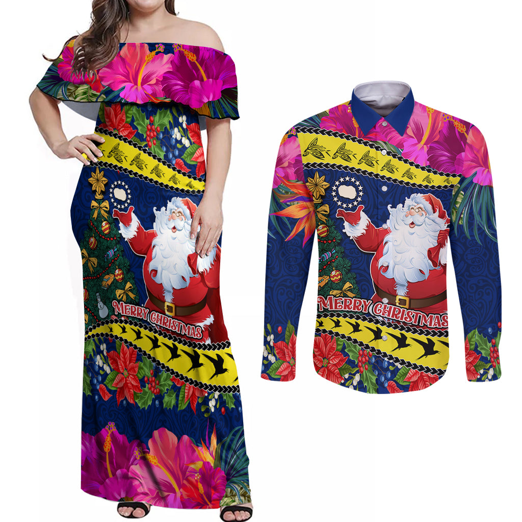 Personalised Cook Island Christmas Couples Matching Off Shoulder Maxi Dress and Long Sleeve Button Shirt Santa Claus Mix Maroro and Kakaia Hibiscus Flower Maori Pattern LT03 Blue - Polynesian Pride