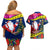 Personalised Cook Island Christmas Couples Matching Off Shoulder Short Dress and Hawaiian Shirt Santa Claus Mix Maroro and Kakaia Hibiscus Flower Maori Pattern LT03 - Polynesian Pride