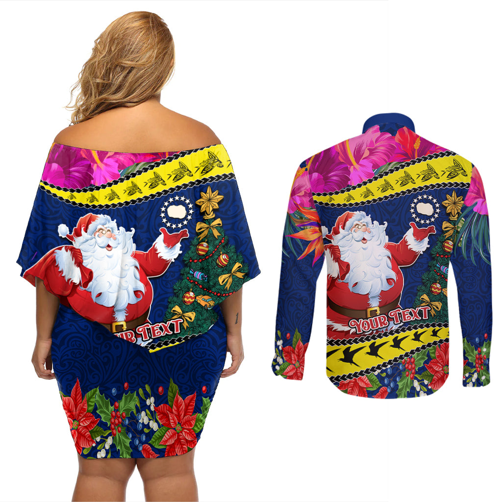 Personalised Cook Island Christmas Couples Matching Off Shoulder Short Dress and Long Sleeve Button Shirt Santa Claus Mix Maroro and Kakaia Hibiscus Flower Maori Pattern LT03 - Polynesian Pride
