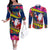 Personalised Cook Island Christmas Couples Matching Off The Shoulder Long Sleeve Dress and Long Sleeve Button Shirt Santa Claus Mix Maroro and Kakaia Hibiscus Flower Maori Pattern LT03 Blue - Polynesian Pride