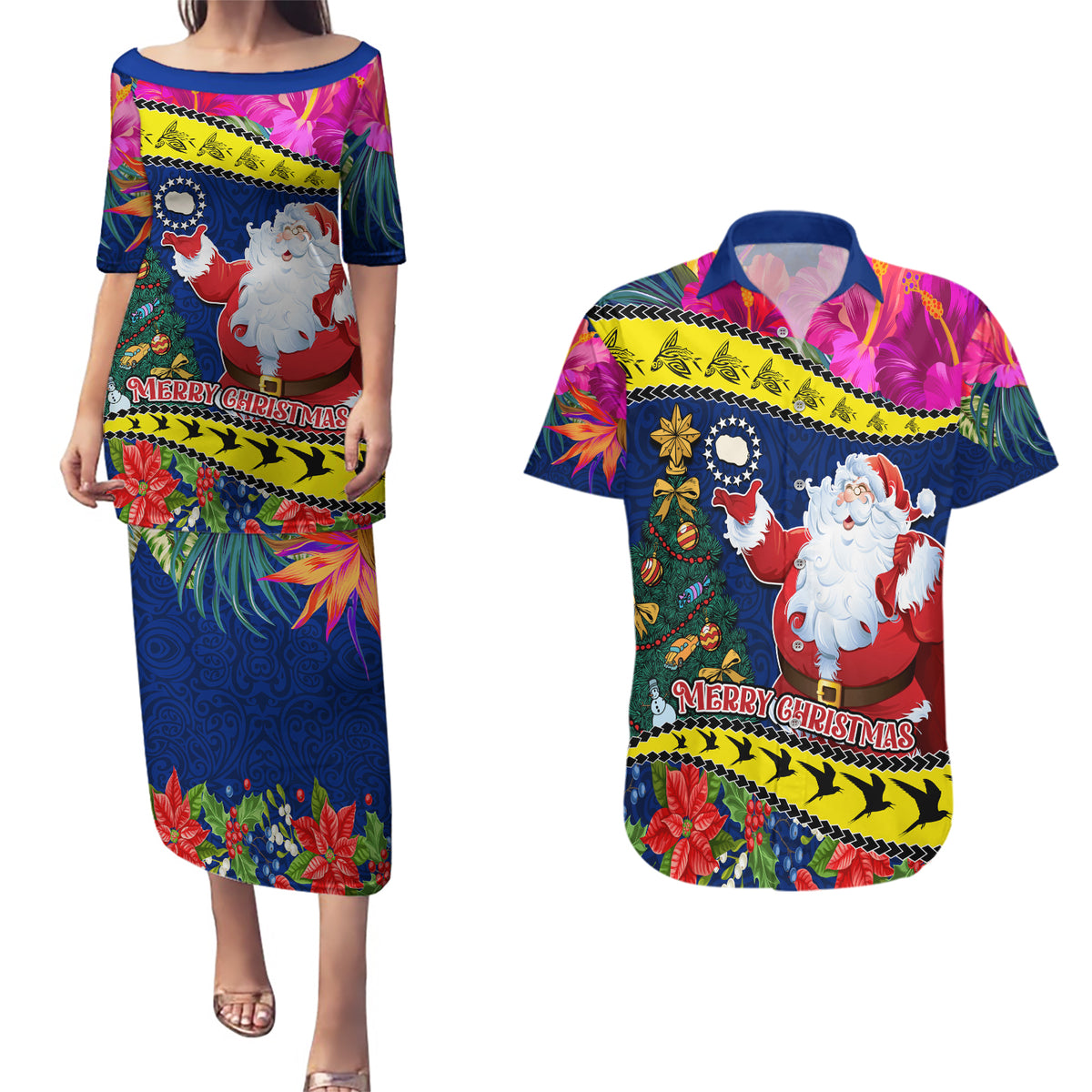 Personalised Cook Island Christmas Couples Matching Puletasi Dress and Hawaiian Shirt Santa Claus Mix Maroro and Kakaia Hibiscus Flower Maori Pattern LT03 Blue - Polynesian Pride