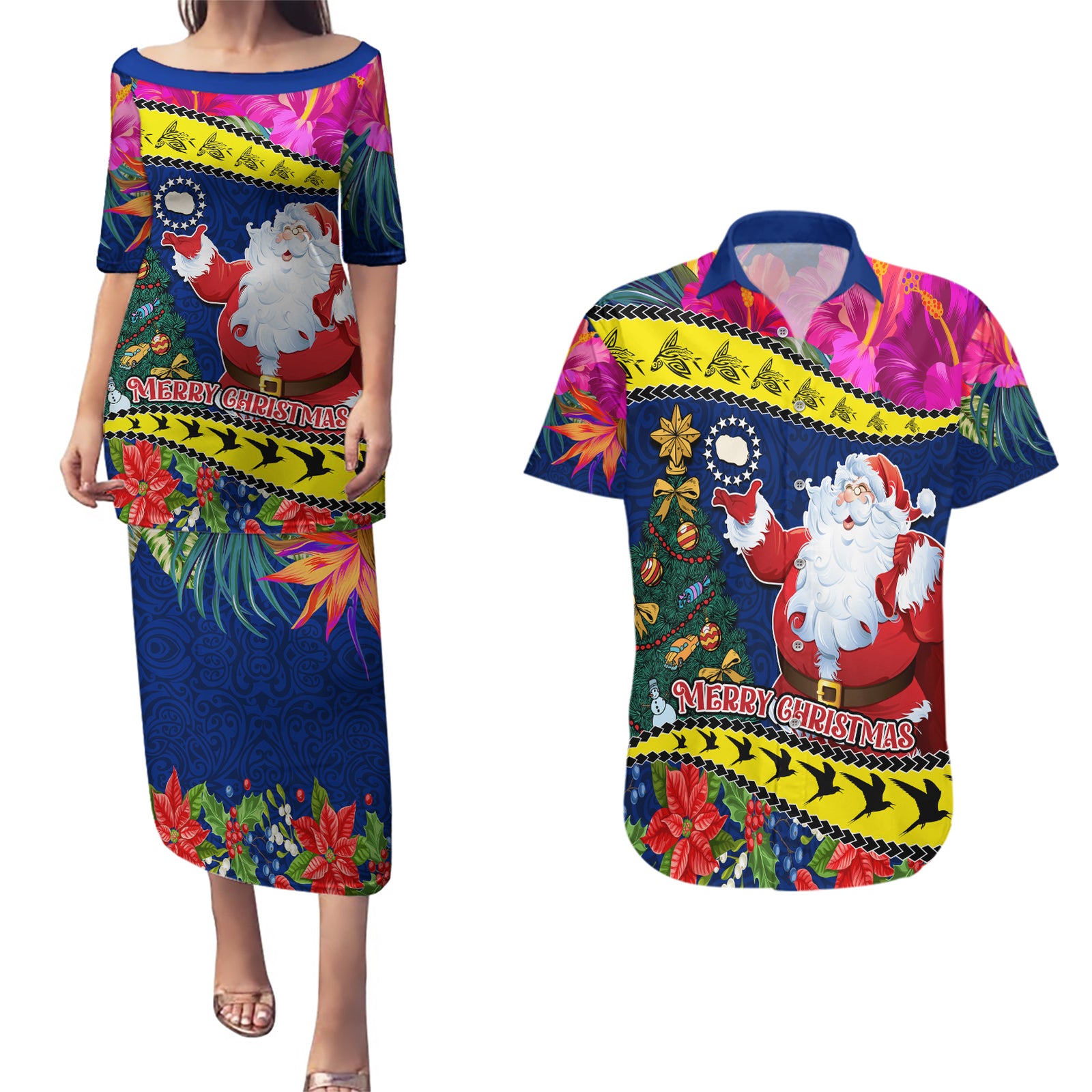 Personalised Cook Island Christmas Couples Matching Puletasi Dress and Hawaiian Shirt Santa Claus Mix Maroro and Kakaia Hibiscus Flower Maori Pattern LT03 Blue - Polynesian Pride