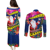 Personalised Cook Island Christmas Couples Matching Puletasi Dress and Long Sleeve Button Shirt Santa Claus Mix Maroro and Kakaia Hibiscus Flower Maori Pattern LT03 - Polynesian Pride