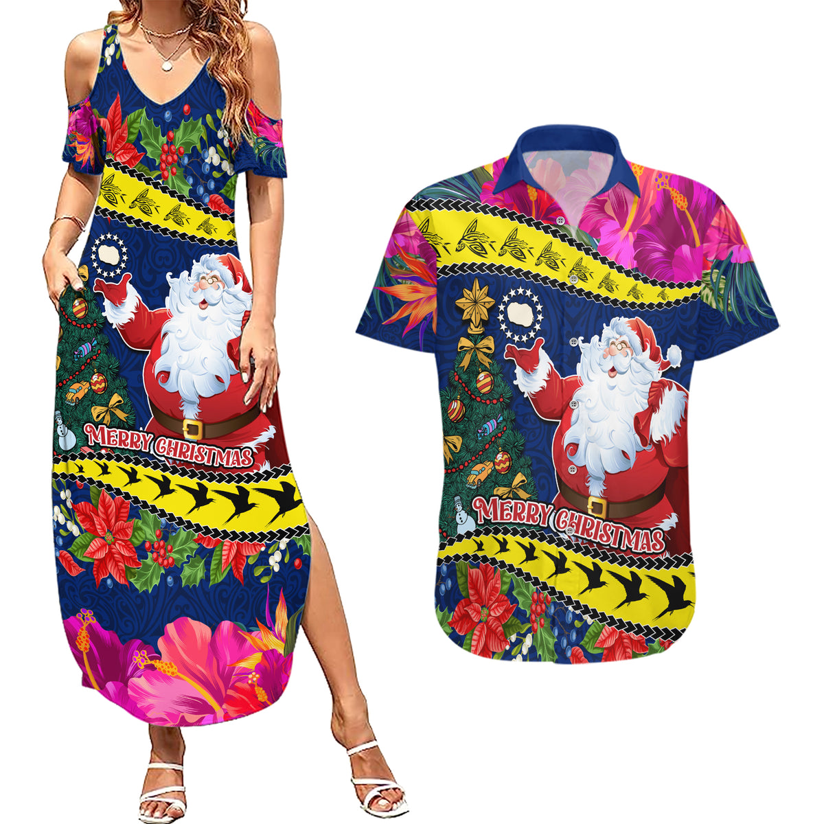 Personalised Cook Island Christmas Couples Matching Summer Maxi Dress and Hawaiian Shirt Santa Claus Mix Maroro and Kakaia Hibiscus Flower Maori Pattern LT03 Blue - Polynesian Pride