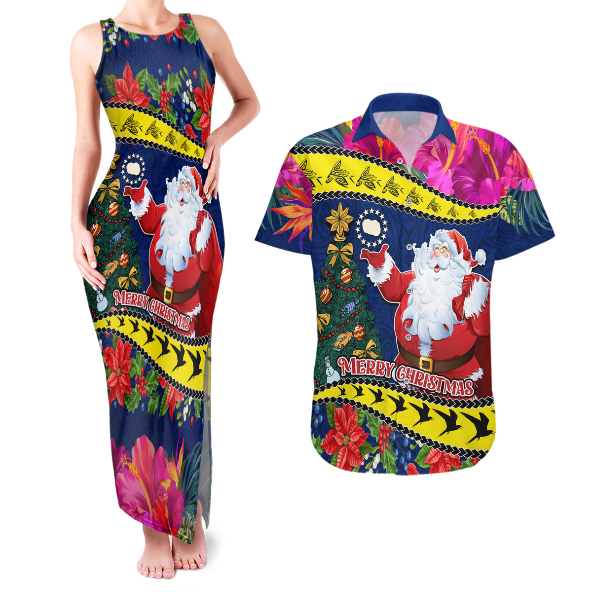Personalised Cook Island Christmas Couples Matching Tank Maxi Dress and Hawaiian Shirt Santa Claus Mix Maroro and Kakaia Hibiscus Flower Maori Pattern LT03 Blue - Polynesian Pride